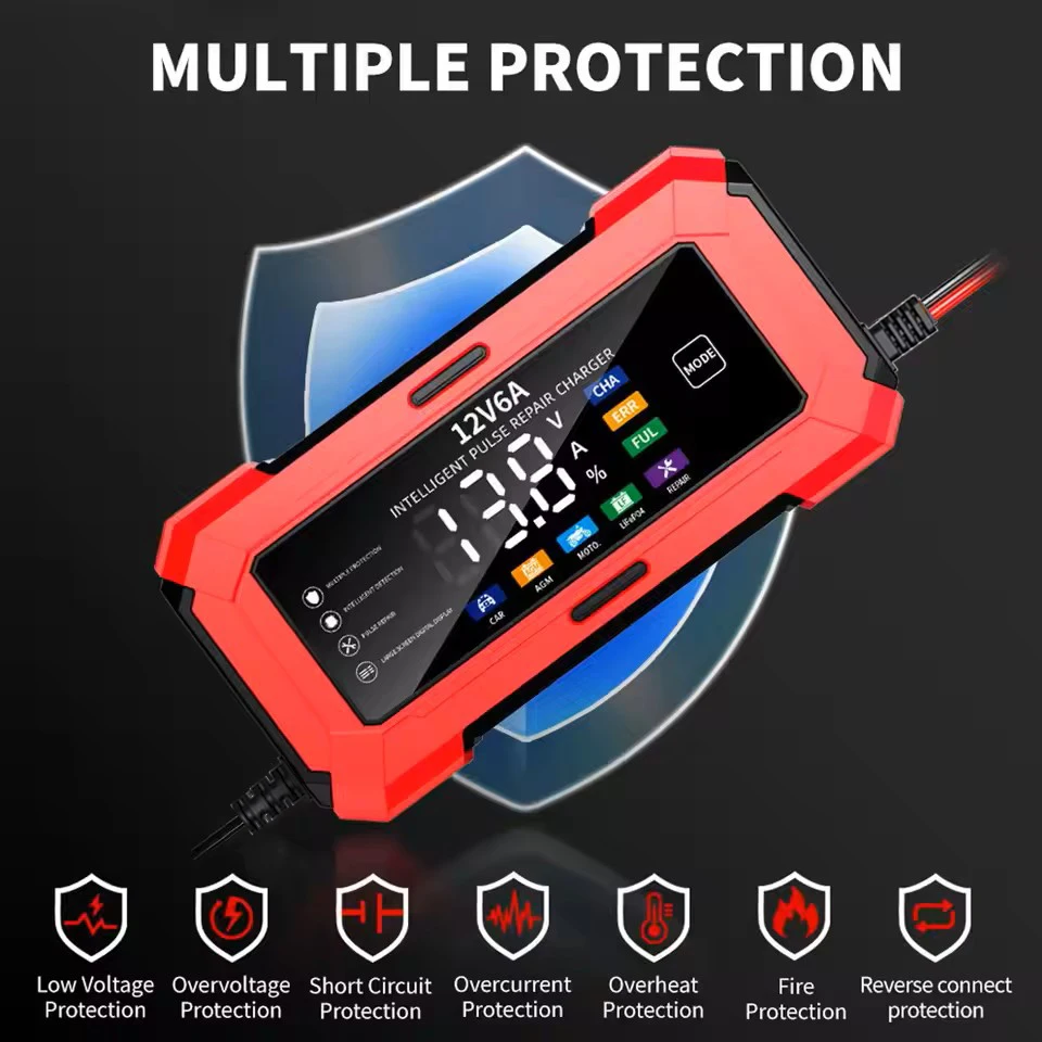 Carregador e manutenção de bateria inteligente 12V 6A com display LCD |   Plugue UE, para carros, caminhões, motocicletas, bateria não incluída