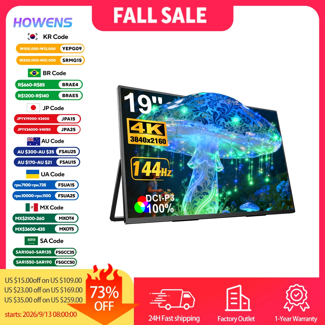 17.4/18.5/19 Inch Gaming Portable Monitor 4K 2160P 100Hz 144Hz HDR HDMI Type C for Phone,NS, PS5, XBOX, PC, Laptop Extend Screen