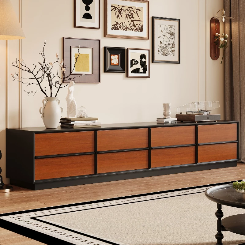 XL Solid Wood Skeleton Line TV Cabinet Living Room Light Luxury Floor Cabinet Double Color Matching Floor-standing TV Cabinet