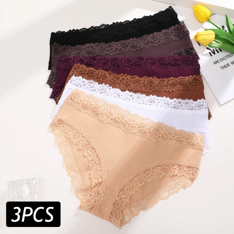 3PCS/Set Women\'s Cotton Panties Sexy Flroal Lace Briefs Low Rise Sexy Lingerie Female Ribbed Seamless Breathable Underwear S-XL