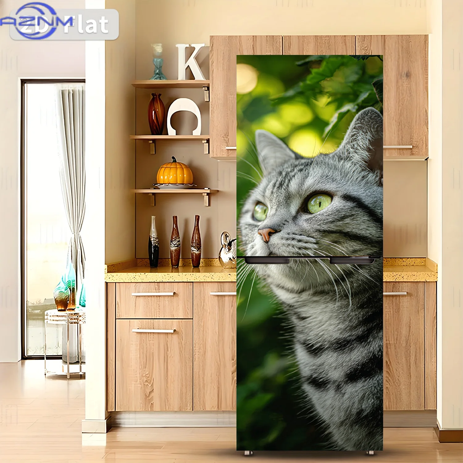 2D Flat Printing 1pc Refrigerator Sticker  Close-up of a Gray Cat with Green Eyes Themed Design Self-Adhesive Wall Decal Wallp