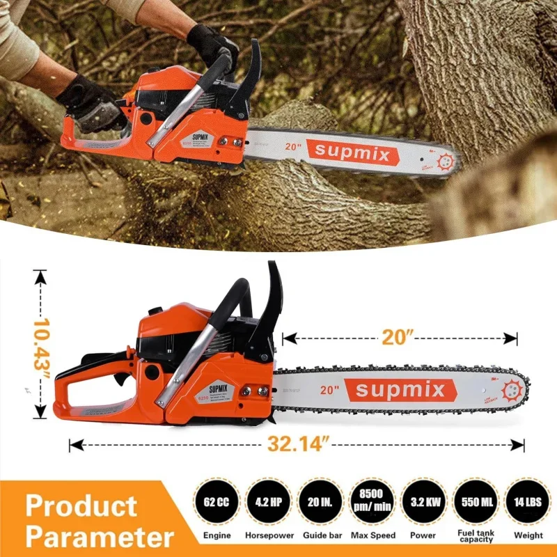 62cc Gas Chainsaw 20 Inch Gas Powered Chainsaws 2-Cycle Petrol Handheld Gasoline Chain Saw Power Saws Cutting Wood Tree Trim