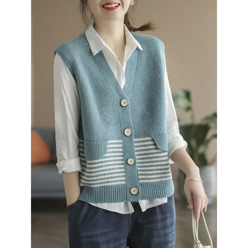 女性用ノースリーブVネックニットセーター,ルーズベスト,多用途,日本,レトロ,怠惰なスタイル,シンプル,スタック,秋,2024