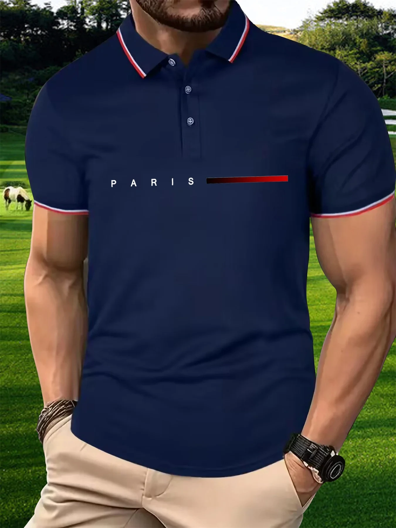 

2025 футболка мужская, летняя, повседневная, модная, свободная, большие размеры, Париж, с буквенным узором, с принтом, с лацканами, рубашка поло с короткими рукавами, топ