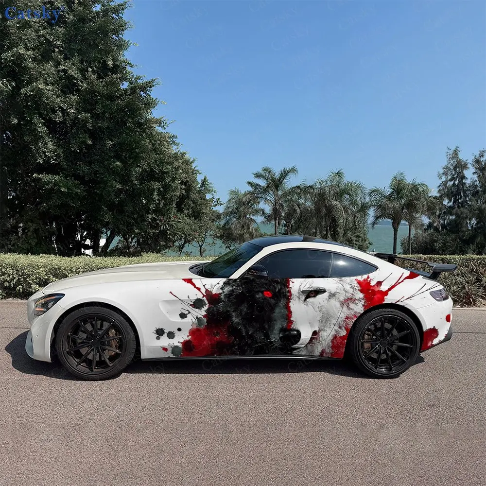 

2pcs Black White Twin Wolf And Bloodstain, Fade-resistant, Enhance Vehicle Aesthetics With Bold Artistic Design Car Vinyl Wraps