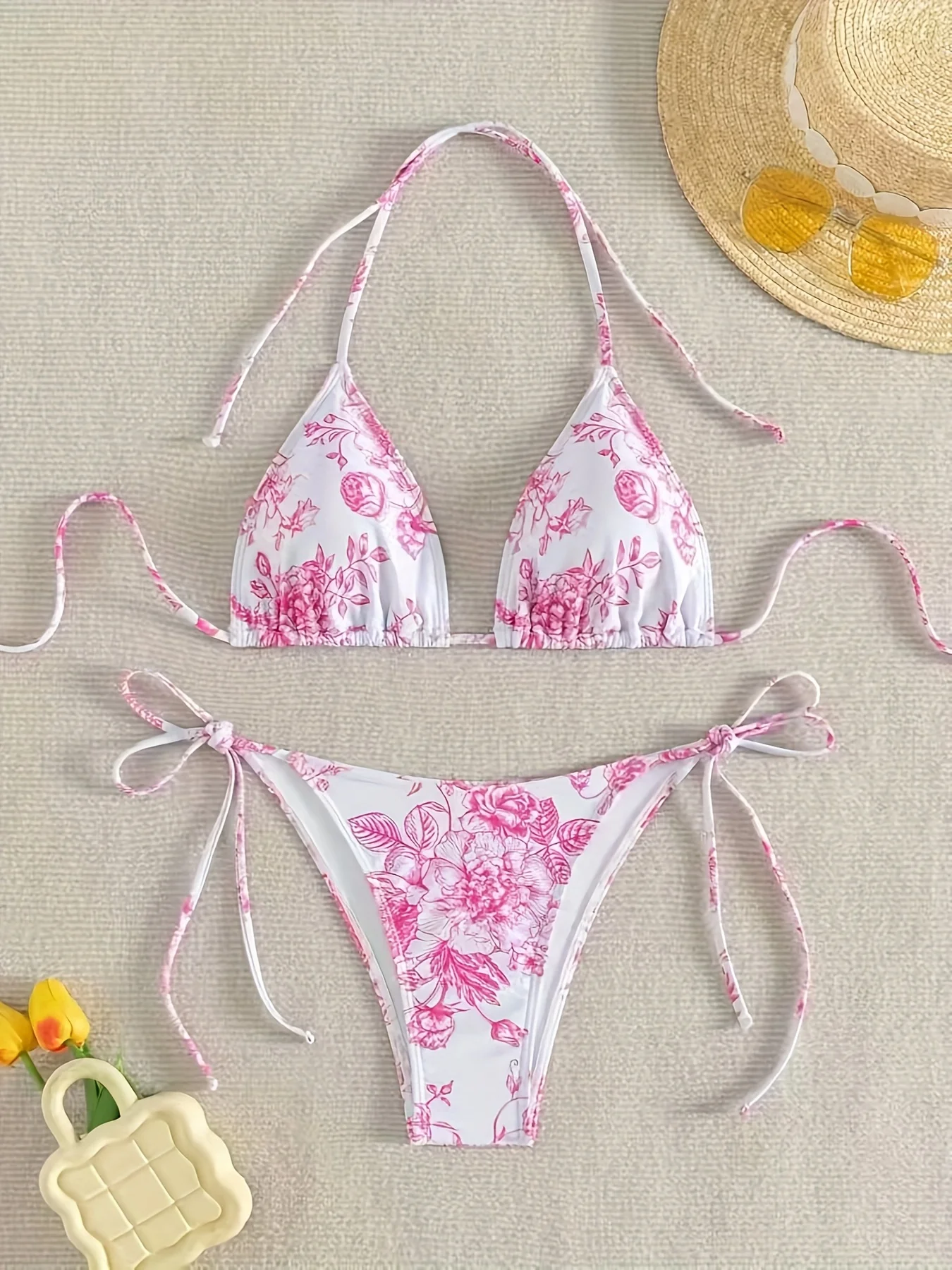 2pcs/A Set Women's Pink Floral Print Halter Bikini Set Tie Side Triangle Swimsuit Summer Beach Bathing Suit