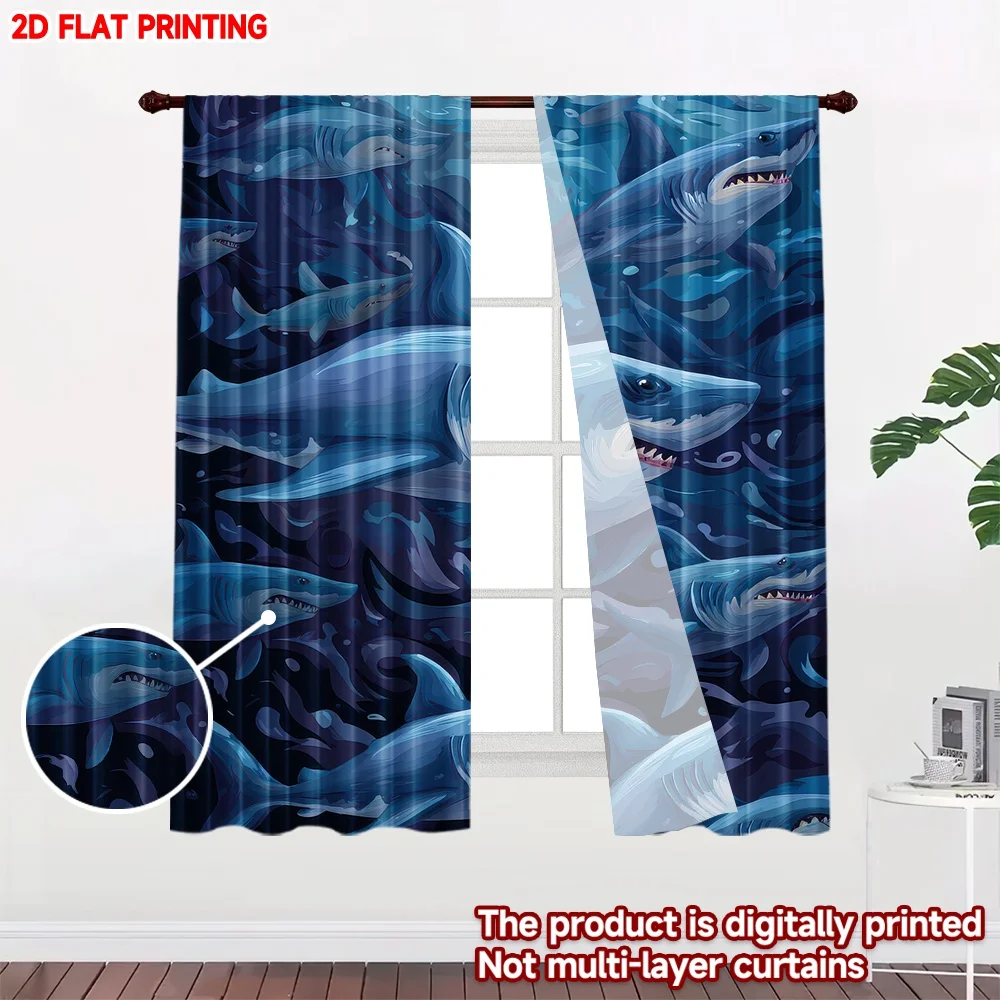 2D flat printing 2pcs Window Drapes Fierce Ocean Sharks Digital Printed Polyester Drapes Birthday Party Perfect for Festive for