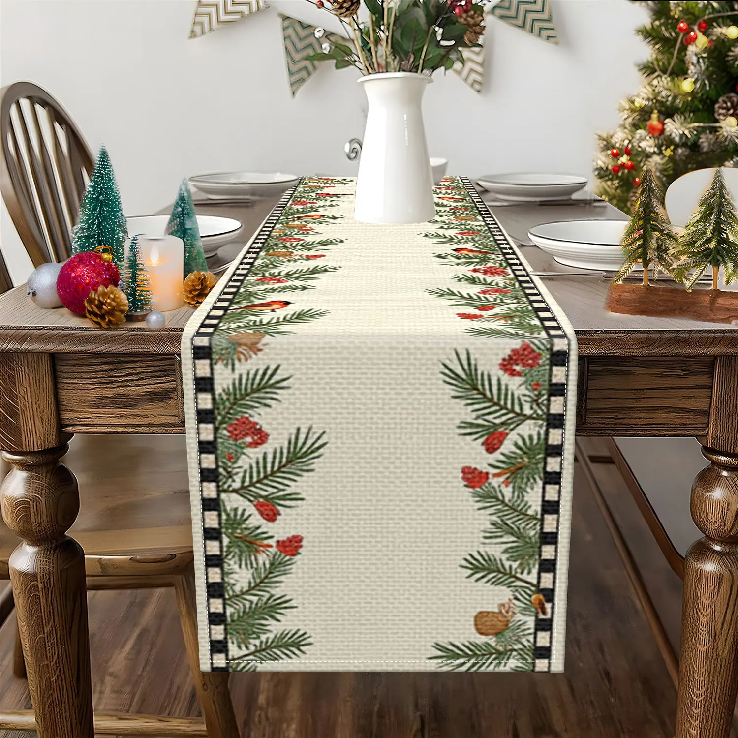 1 Piece Christmas Floral and Bird-Themed Table Runner, Decorated with Pine Branches, Poinsettias, and Floral Patterns, Suitable for Christmas Parties and Holiday Home Decoration