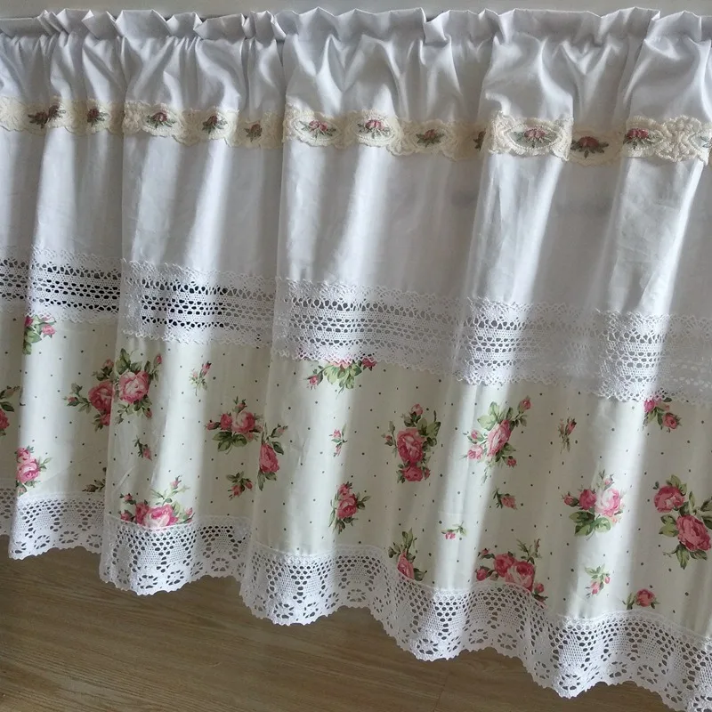 Korean Flowers Cotton Short Curtains Cloth for Living Room Japanese Pastoral White Lace Half Curtains for Kitchen #A578