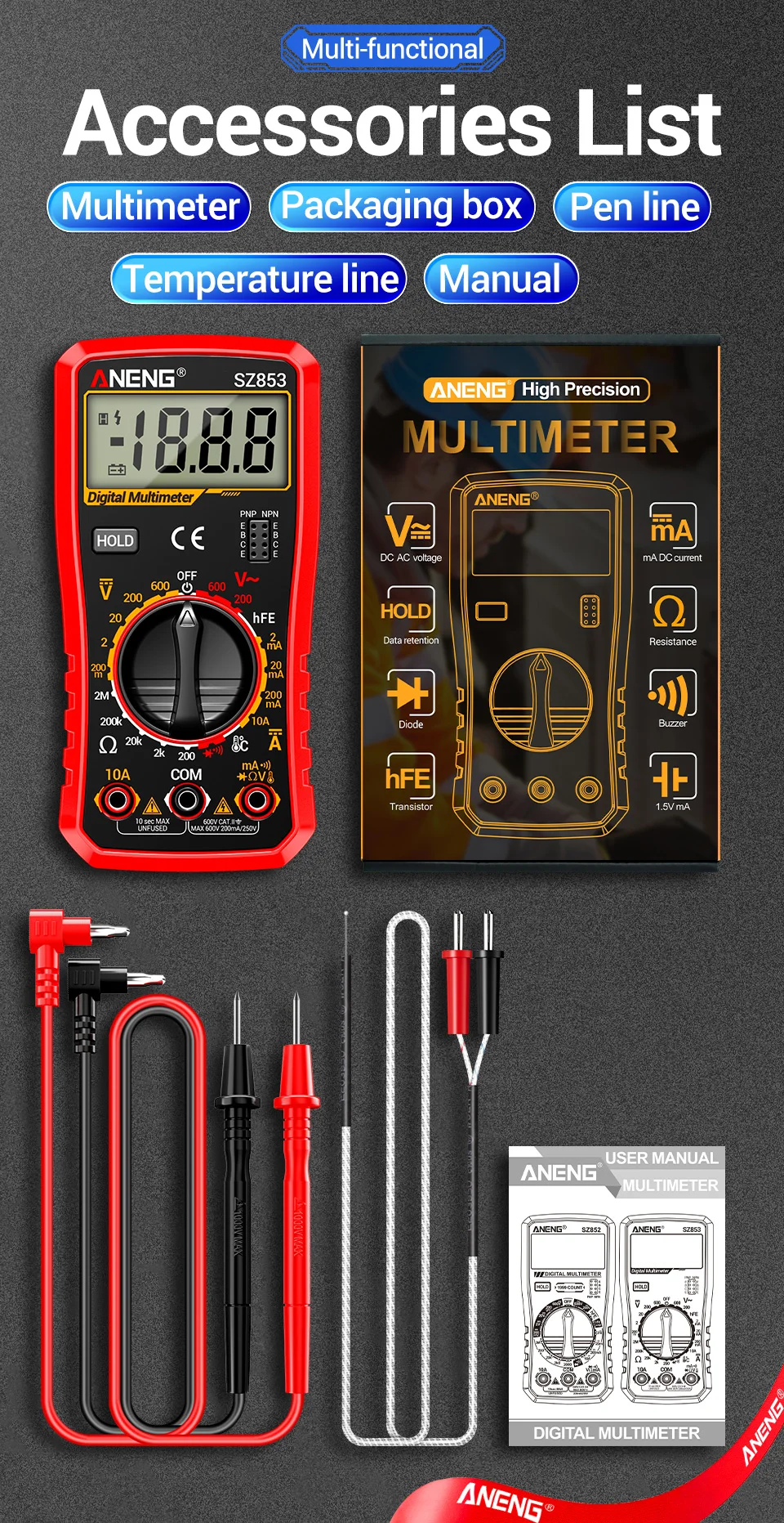 ANENG SZ853 Digitalmultimeter 1999 Zähler Multimeter-Tester misst AC/DC-Spannung, Strom, Widerstand, Temperatur, Diodentest. – Detail 14