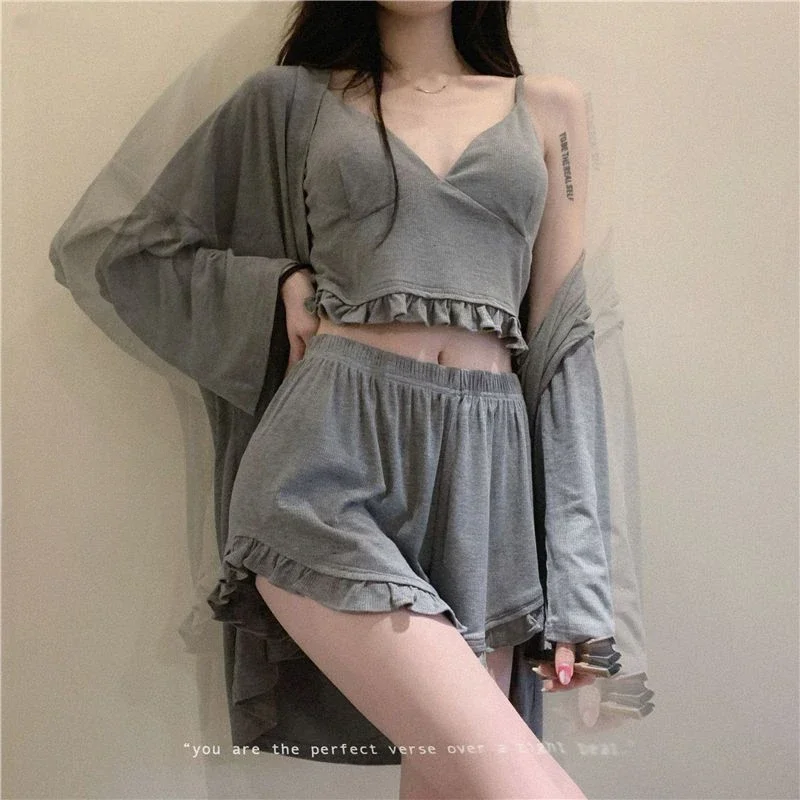 With Chest Pad Girls Instagram Sexy Halter Homestays Long Sleeved Pajamas Three-piece Set Spring and Summer Pajamas Set