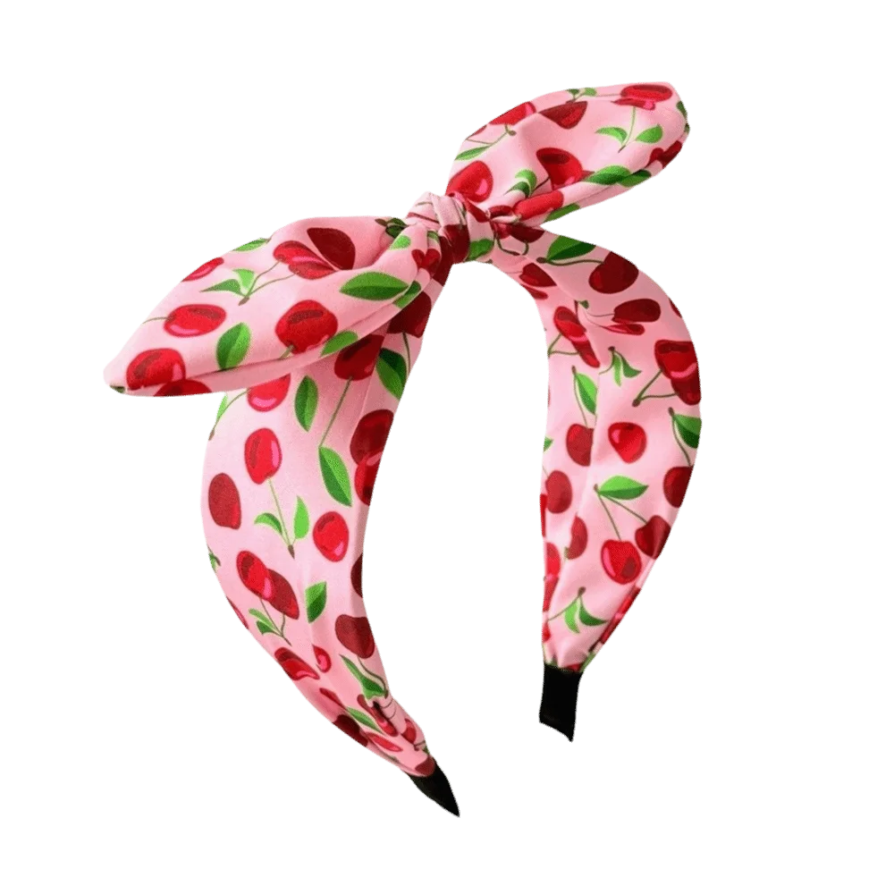 Trend Casual Multicolor Cherry Printed Headband Sweet Knotted Wide Edge Hair Hoop Polyester Bow Hair Styling Tool Gift Giving