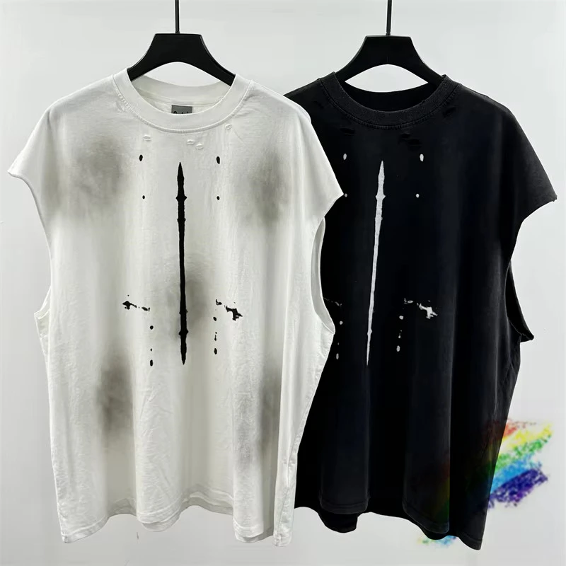 Washed Hand Worn Washed Vest Saint Tie-dyed T-Shirts Men Women Top Quality Black White Vintage T Shirt Tee