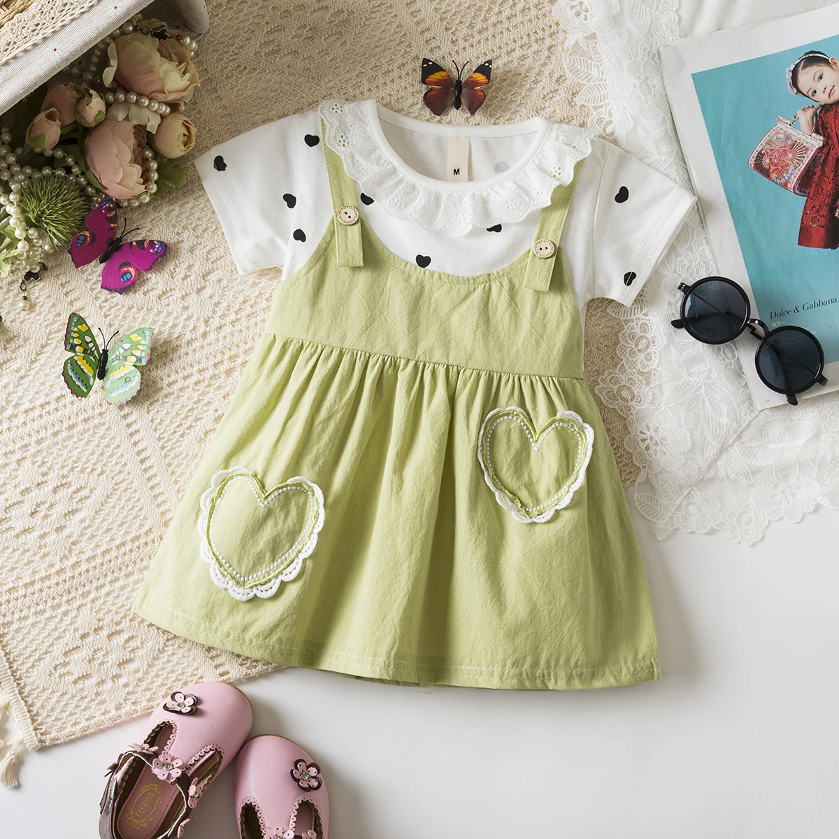 Baby Girl Dress Summer Love And Spot Pattern Doll Collar Baby Dresses Cute Casual Girl Princess Dresses