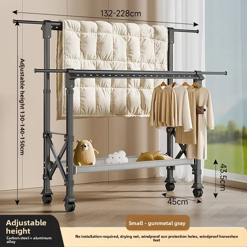 New Model Household Goods Balcony Drying Rack Floor-to-ceiling Folding Lifting Drying Rod Telescopic Rod Hanger Premium