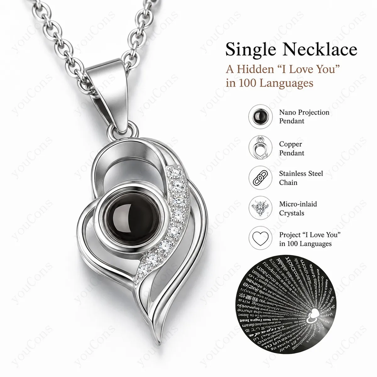 100 Languages I Love You Projection Necklace Geometry Pendant With Multi Color Rose Gift Box Valentine's Birthday For Women