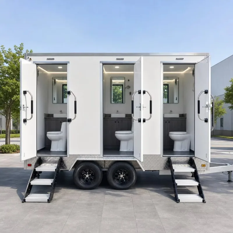 Customized Heavy Duty Dual Axle 3 Station Mobile Toilet Trailer Portable Restroom For Remote Construction Site Use