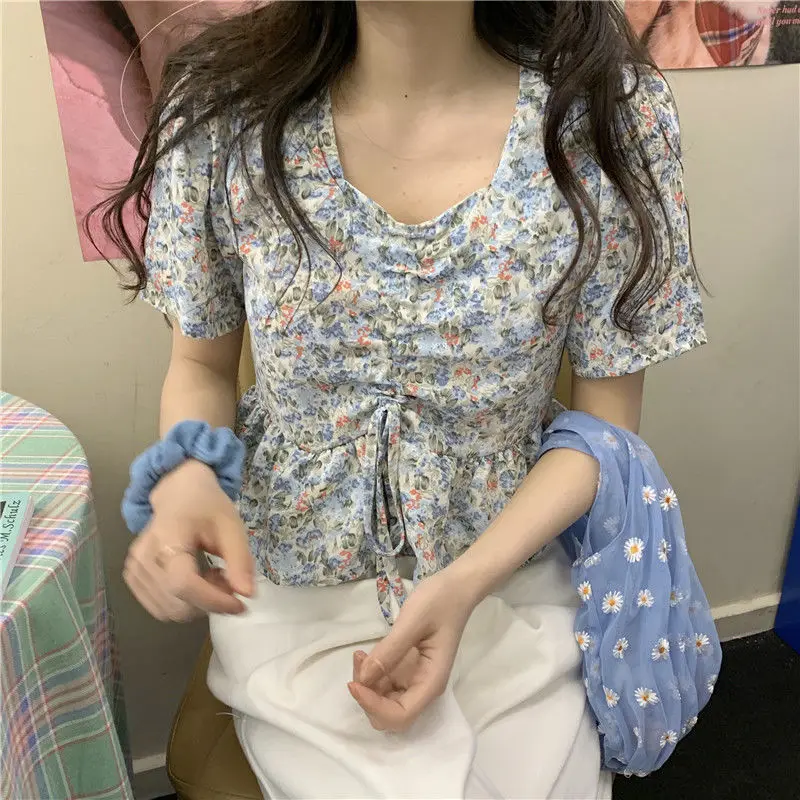 Clothing Short Sleeve Cute Women\'s Shirts and Blouses Kawaii Top for Woman Crop Floral with Bow Korean Style Modern Long Pretty