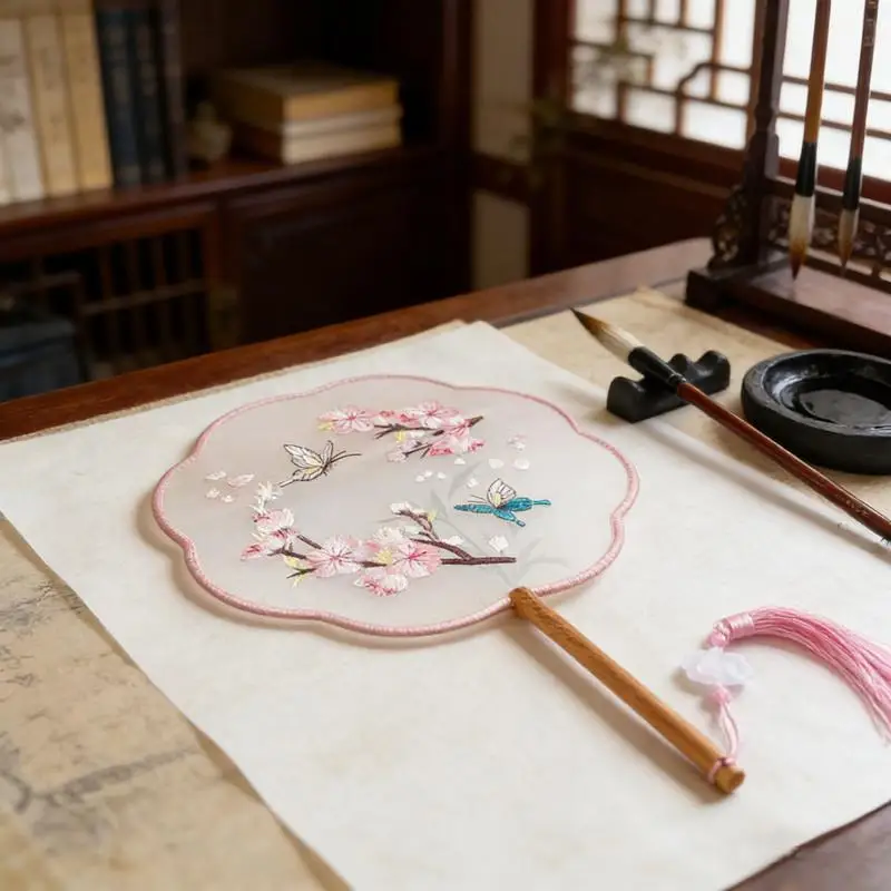 New Style Silk Round Fan Exquisite Flower Embroidery Paddle Traditional Chinese Art Craft Hanfu Dance Party Accessory
