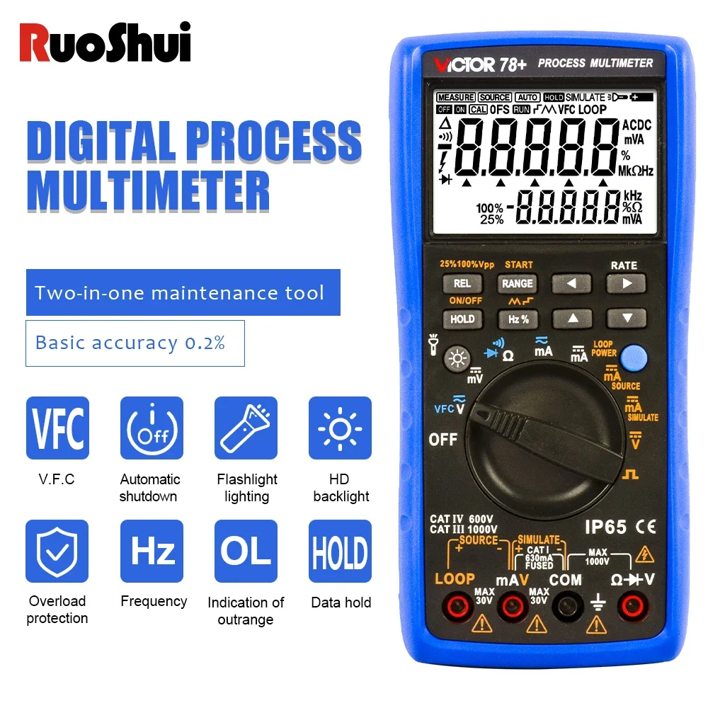 RUOSHUI 78+ Process Multimeter Digital Multi-meter and Process Signal Sources Output of DC Voltage Current Frequency SIMULATE