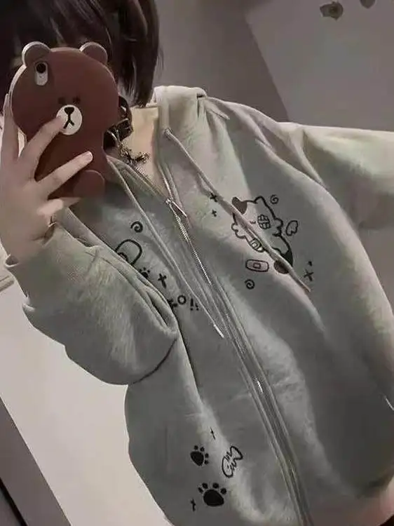 Cute  Print Hoodie Women's Fleece Lined Oversized Autumn Winter Jacket Korean Style Commute Friendly Zipper Closure