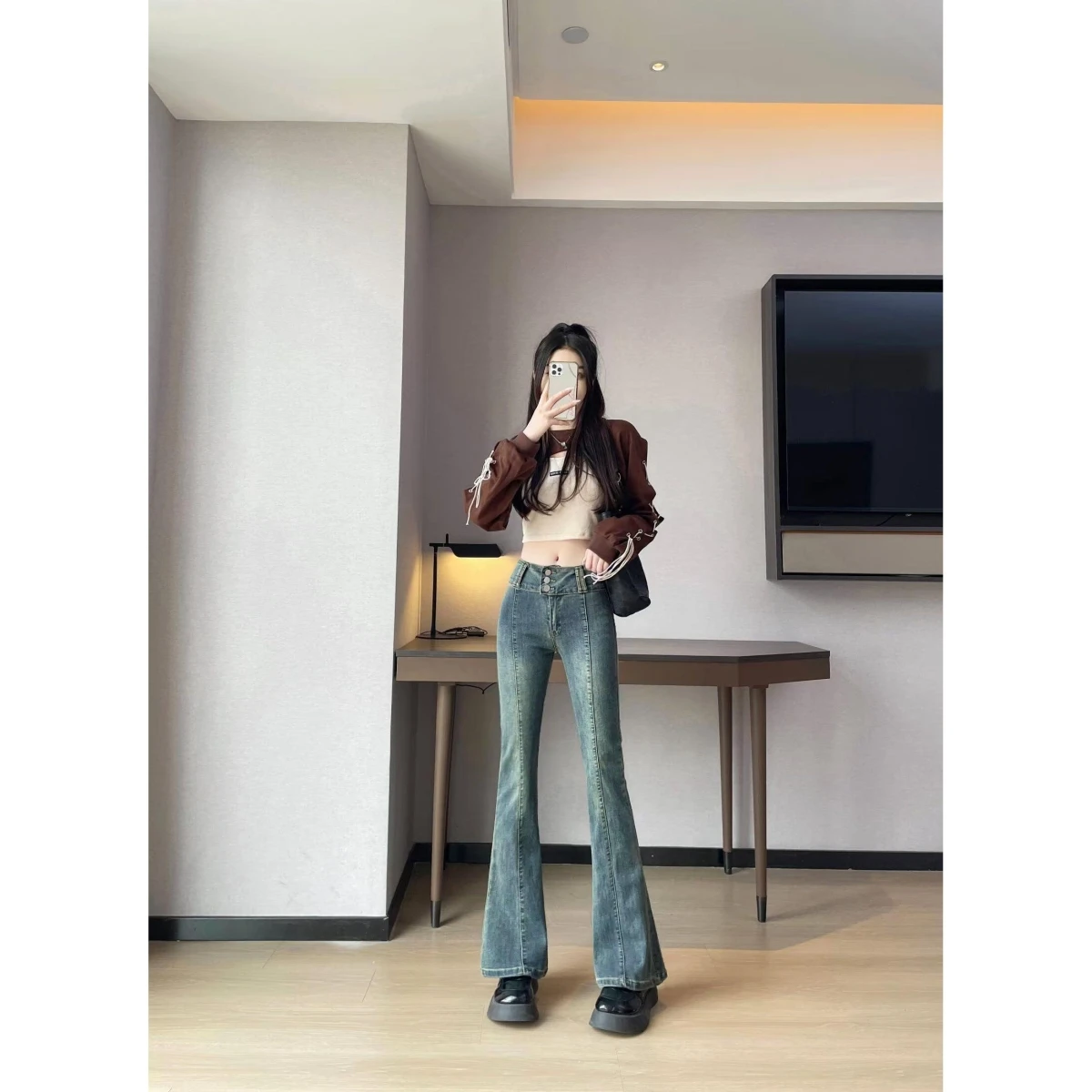 

Корейские джинсы-брюки из денима с высокой талией, облегающие, женские, модные, летние, эластичные, драпированные, расклешенные