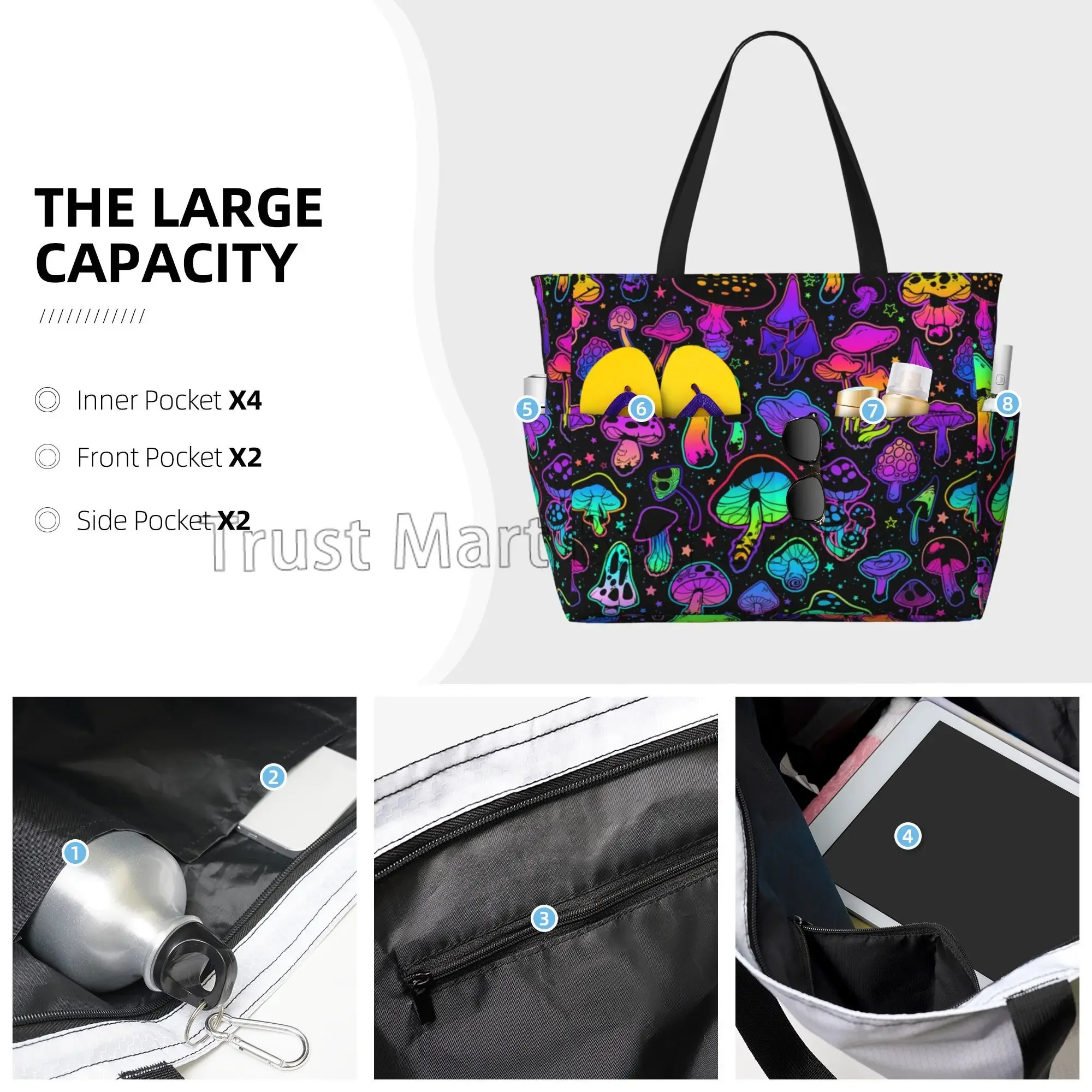 Magic Mushrooms Large Beach Tote Bag Women Waterproof Sandproof Zipper Beach Tote Bag for Pool Gym Swim Travel Vacation