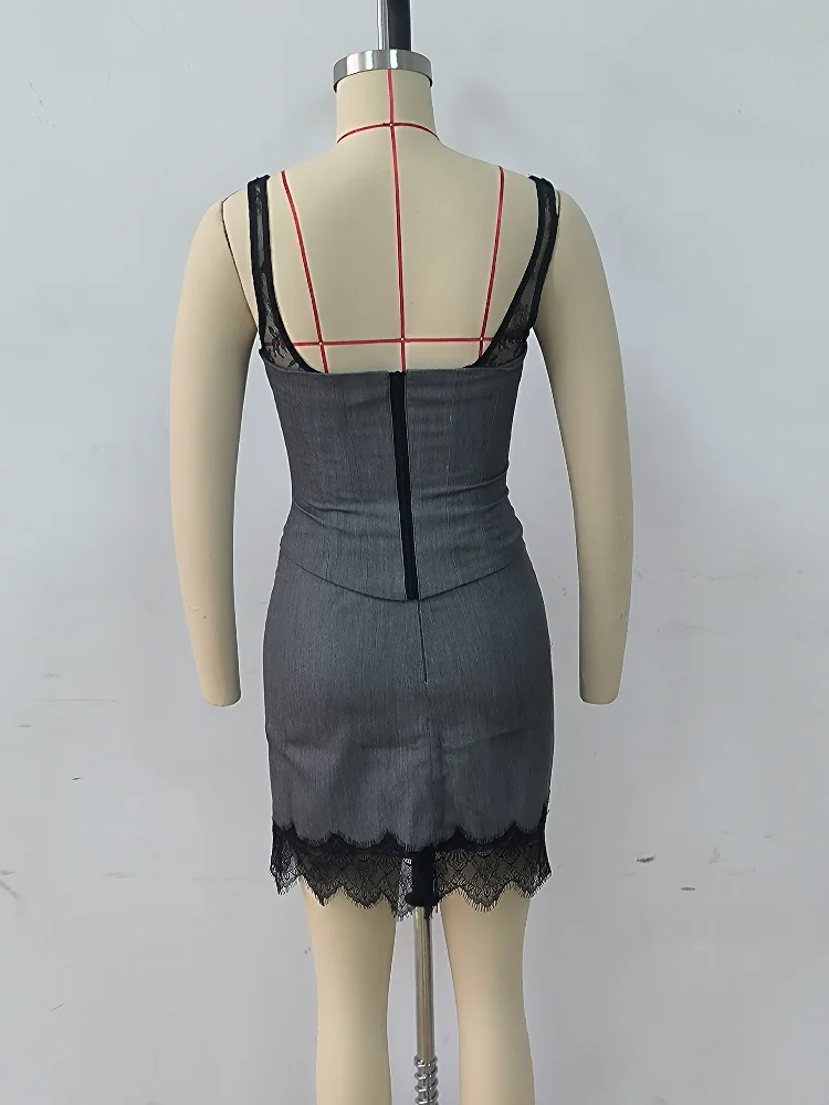 Graues Korsett Zweiteiler-Set Spitzen-Spaghettiträger-Top Figurbetonter Minirock mit Spitzenbesatz Trendiges Casual-Party-Outfit Neu – Detail 2