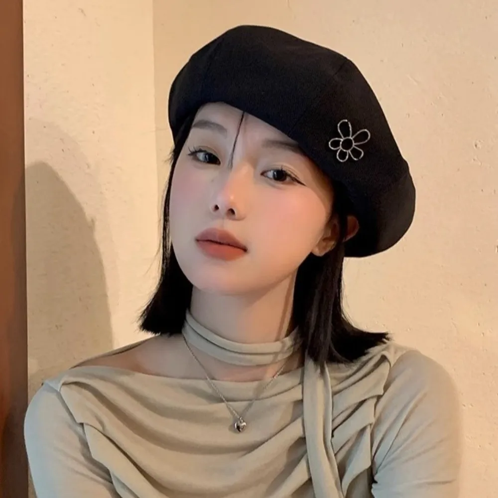 Elegante Blume Frauen Berets Großen Kopfumfang Warm Halten Achteckigen Hut Koreanischen Stil Einfarbig Britischen Maler Kappen Mädchen