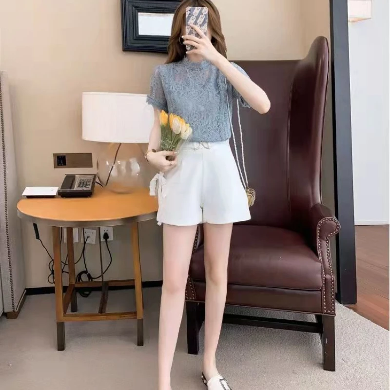 Lace Blouses Women Elegant Design Daily All-match Stylish Stand Collar Summer Breathable Korean Style Female Simple Pure Basic