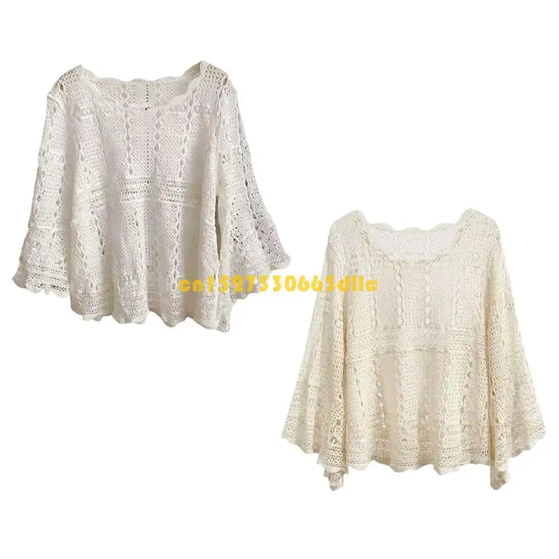 

Womens Round Neck Flared Sleeve Sweater Casual Crochet Hollowed Out Knit Top Pullover Shirt Beach Coverup Vacation Clothes 124A