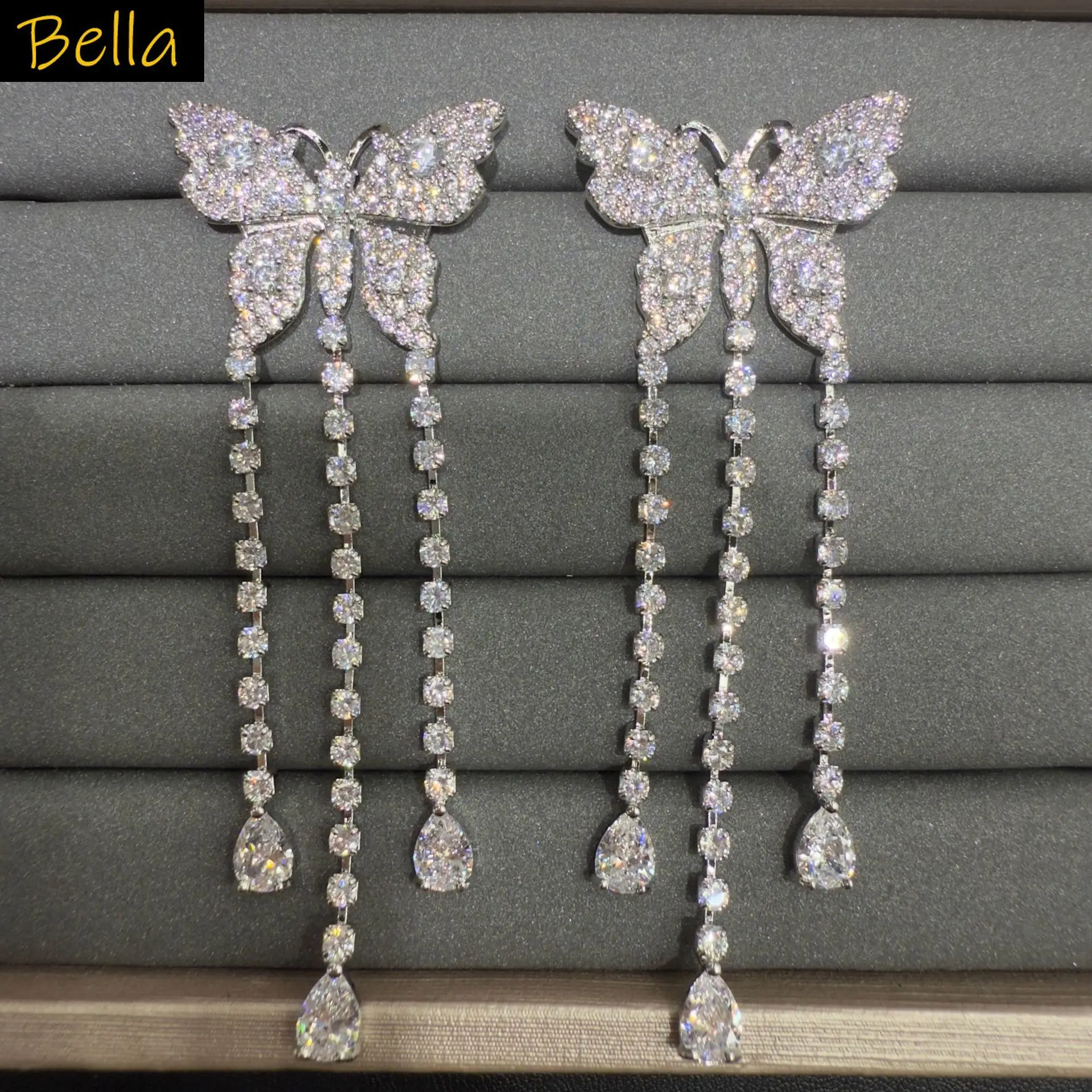 fashion cubic zirconia earrings for women shiny jewelry gala event party cute butterfly chain tassel dangling earrings long