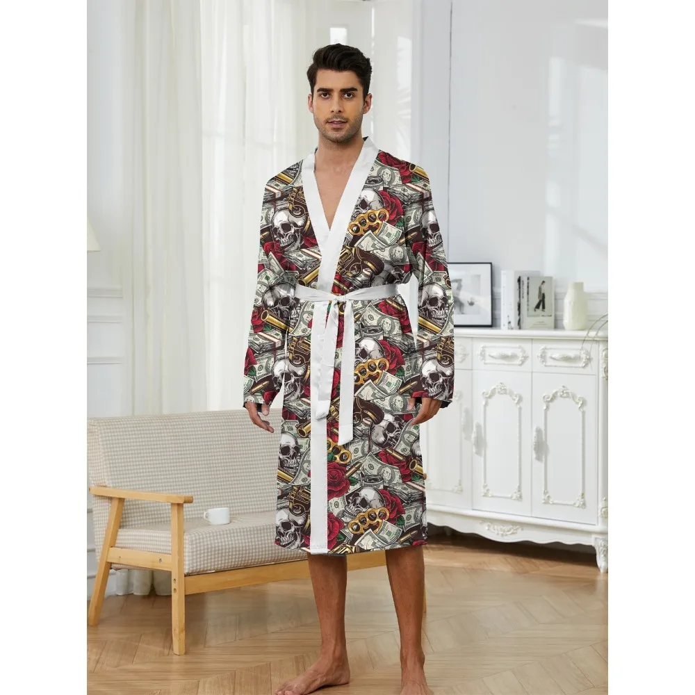 

Men's trendy casual skull head rose US dollar bill printing pattern home casual comfortable nightgown