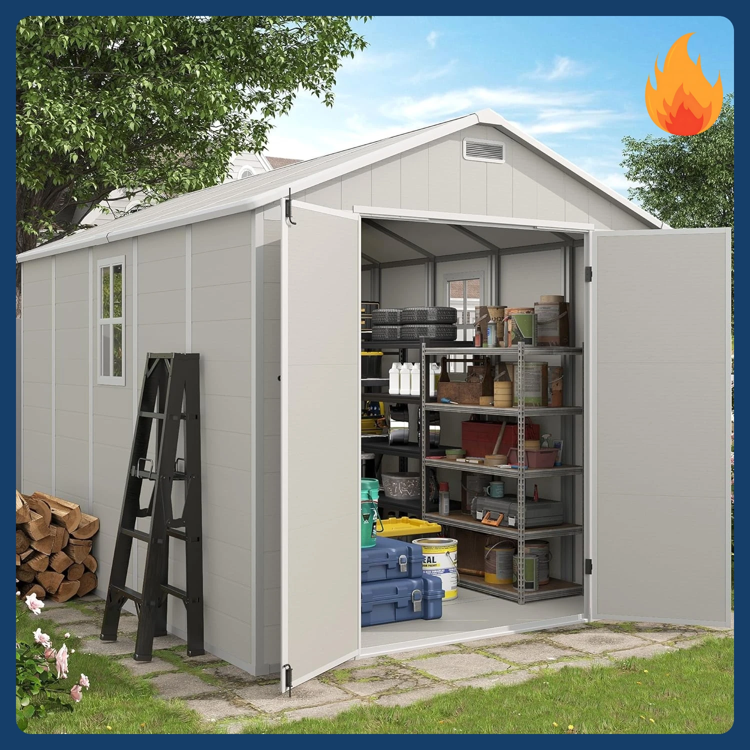 

[Discounted Price!]Outdoor Storage Shed, 8x10 FT Resin Shed with Floor and Lockable Door, Window & Vents, Tool Sheds and Outdoor