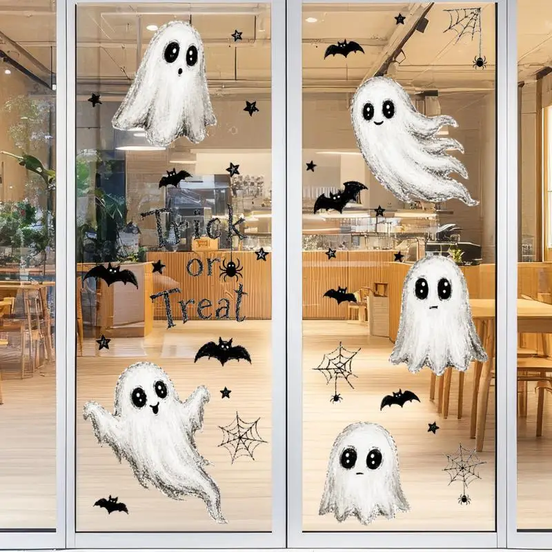 Halloween Window Clings Cute Ghost Bat Spider Patterns Dual Side Same Color For Home Shop Halloween Party Decor view 2