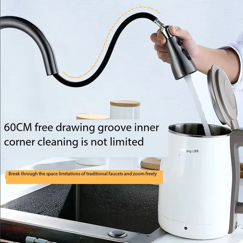 Chrome Thickened Brass Kitchen Faucet Deck Mounted Pull Out Spout Kitchen Sink Mixer Tap Single Level Stream Sprayer Nozzle Tap