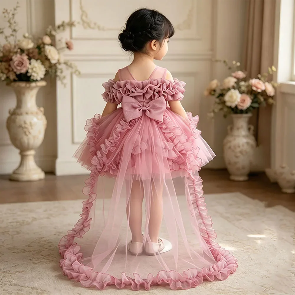 Appliques Flower Girl Dress with Embroidery Tulle Sleeveless Kids Children's Trailing Ball Gown For Wedding Party