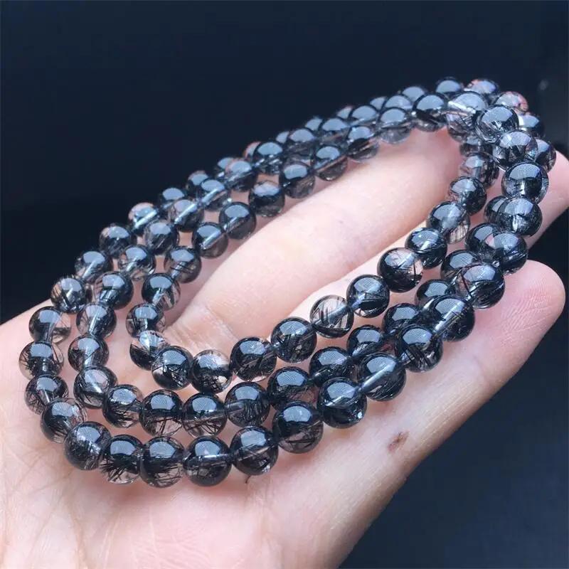 6MM Natural Black Hair Quartz Triple Circle Bracelet Healing Fashion Reiki Crystal Fengshui Jewelry Birthday Gift 1pcs