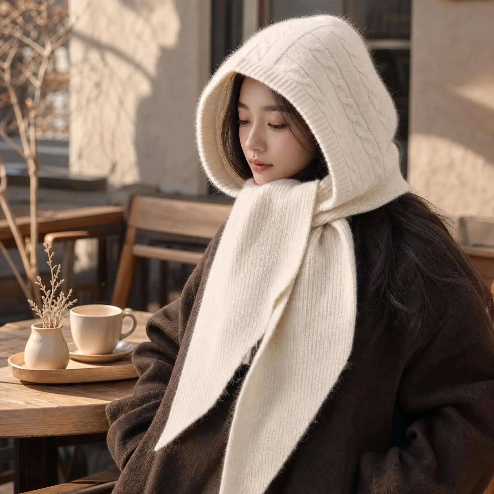 Knitted Hood Scarf for Women Winter Warm Fleece Lined Headwear Neck Warmer for Commuting Walking