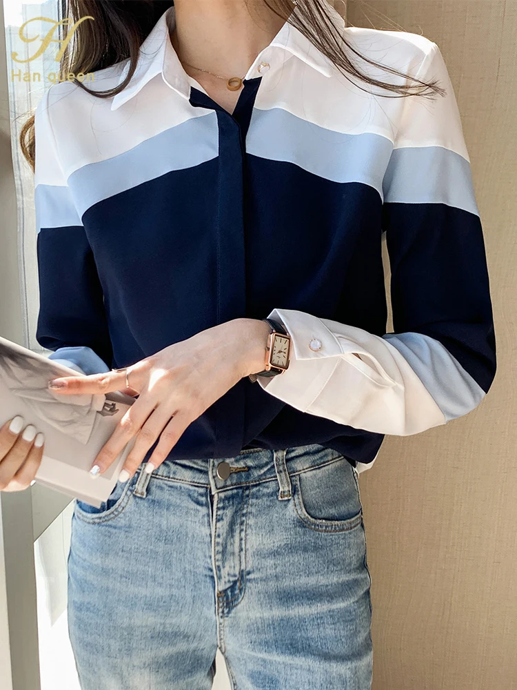 H Han Queen New Autumn Women Vintage Color Contrast Ladies Tops Chiffon Long Sleeve Casual Blouse Female Work Office Shirts