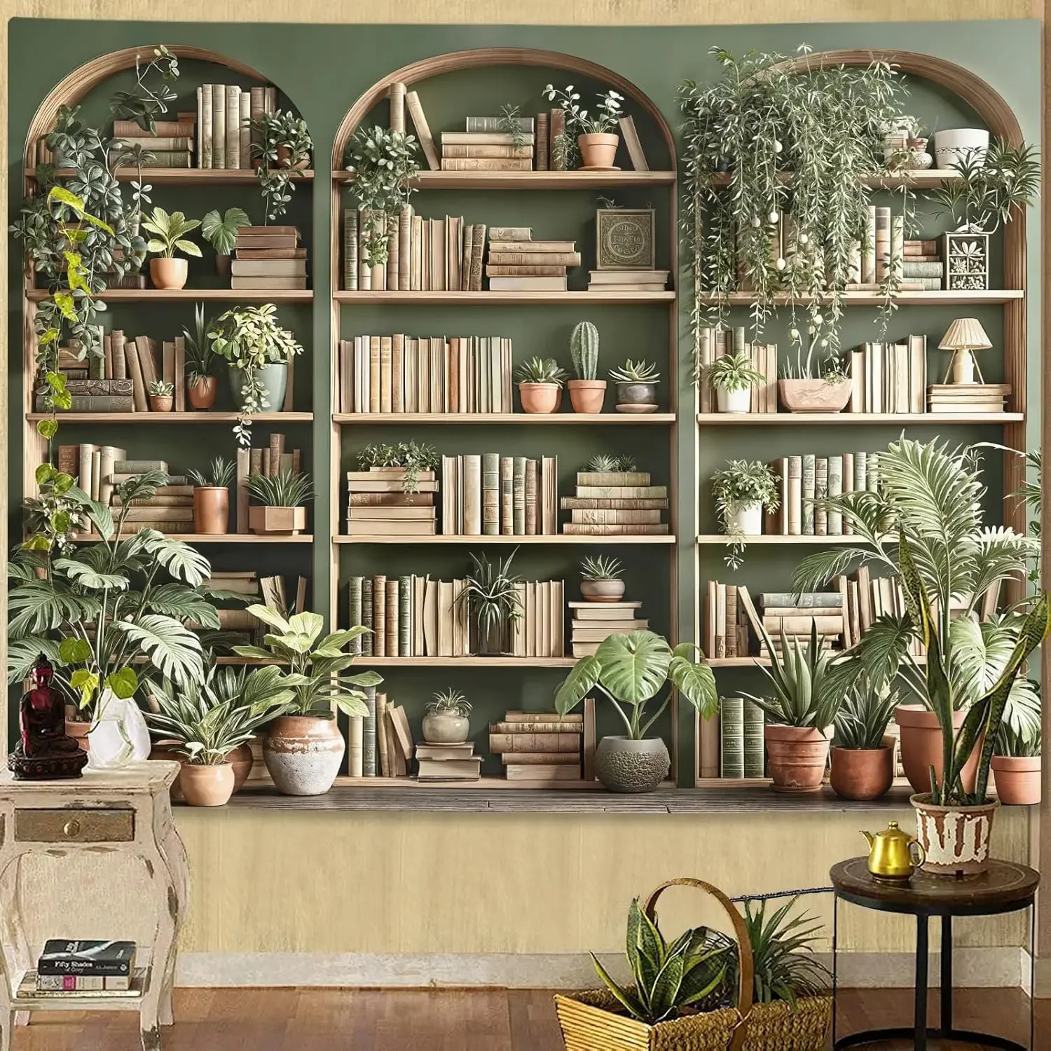 

Sage green bookshelf tapestry with potted plants and vintage books natural wind wall decor for bedroom