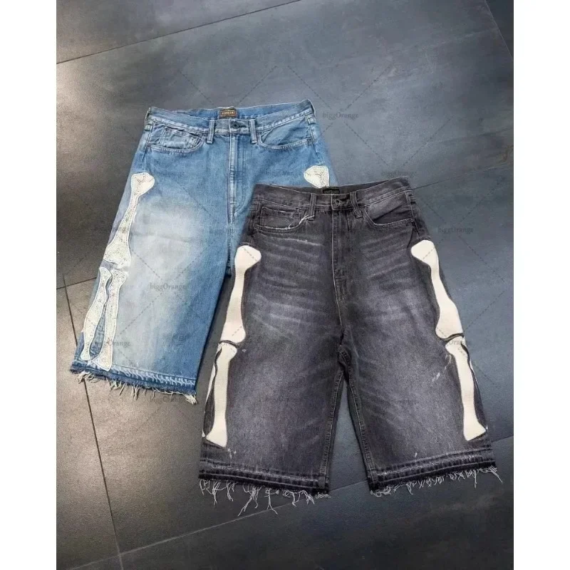 Summer retro skeleton denim shorts sports casual shorts new couple wearing street street 55 pants 2025 New Europe and America