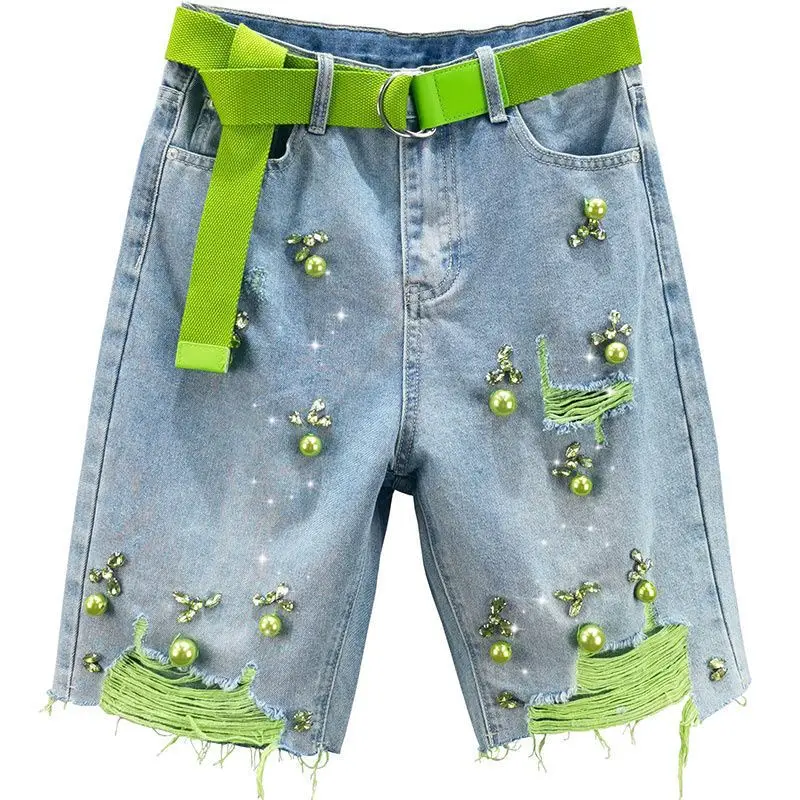 Diamante perfurado denim shorts para o verão feminino novo estilo solto cintura alta magro verde frisado calças harajuku