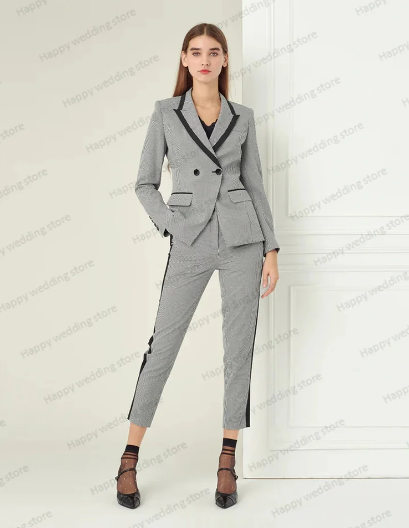 

Houndstooth Women Suit Pants Set 2 Piece Blazer+Trousers Formal Business Prom Wedding Tuxedo Office Cotton Jacket Black Stripe