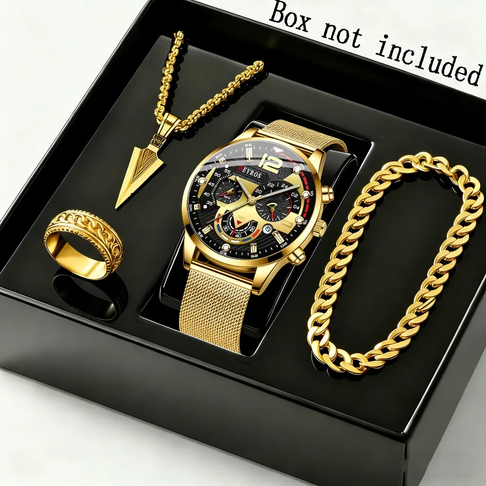 4pcs/Set Fashion Men'S Quartz Watch & Necklace Bracelet Set | Men'S Ring, Men'S Bracelets Watch | Elegant Watch For Men