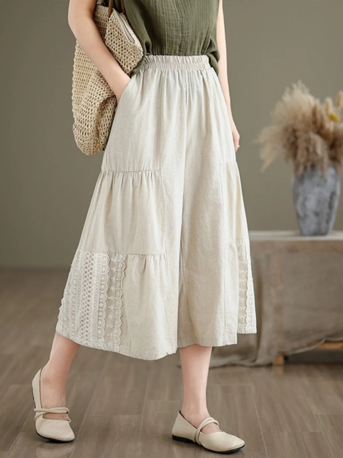 Baumwolle Leinen Breite Bein Hosen frauen Sommer Casual Spitze Trim Patchwork Sieben-Fuß Baumwolle Leinen Hosen Hohe Taille pendeln Sle