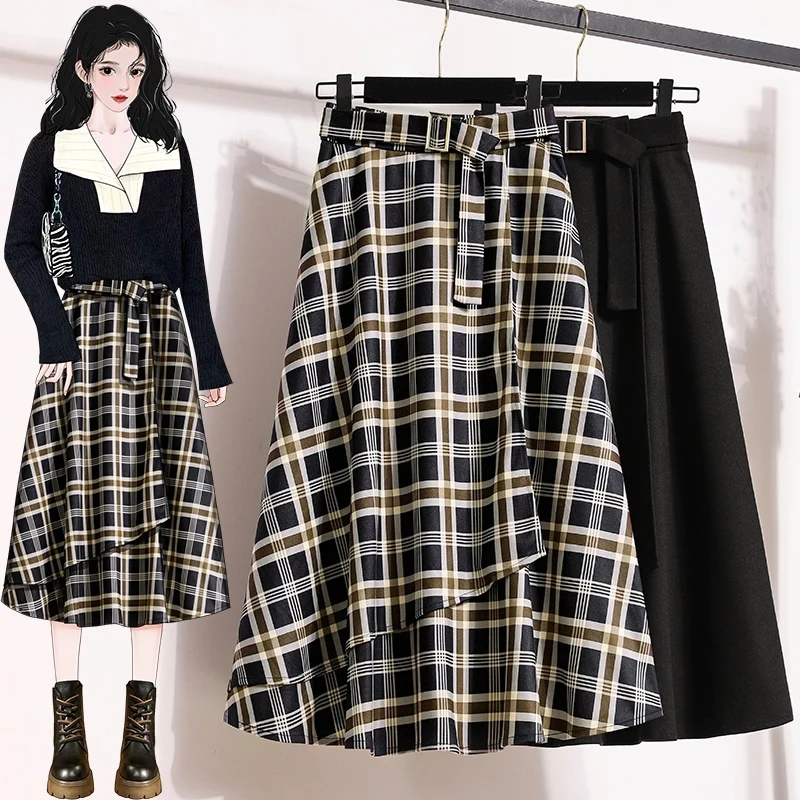 2024 Autumn Winter Woolen Skirts For Women Fashion Elegant High Quality High Waist A-line Umbrella Vintage Plaid Skirts