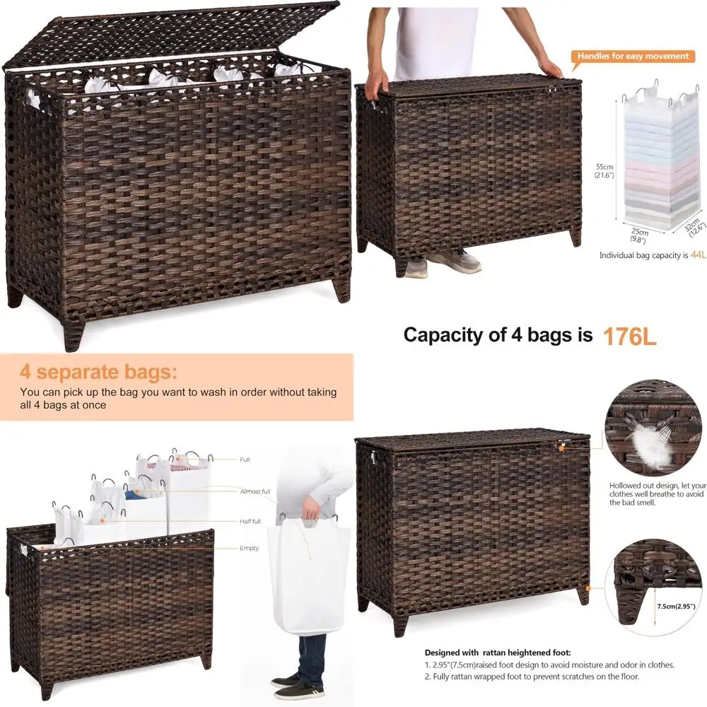 سلة غسيل الروطان المنسوجة يدويًا مع 4 بطانات قابلة للإزالة، سعة 176 لتر، وغطاء وأقدام مرتفعة لتنظيم الملابس #1