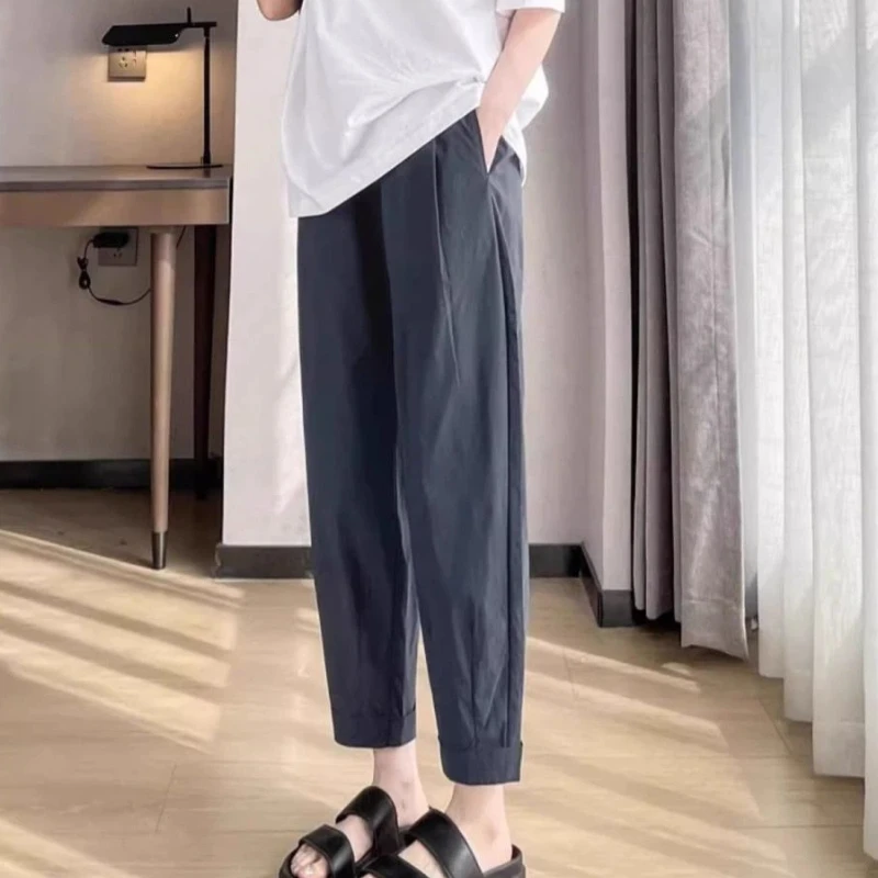 

Plus Size Ice Silk Cropped Pants Women's Summer High Waist Loose Casual Harem Trousers