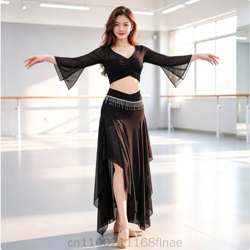 ベリーダンス練習用衣装、新作、セクシーなメッシュ素材のオリエンタルダンス衣装、女性用ステージ衣装、ロータスリーフが流れるようなロングスカート。